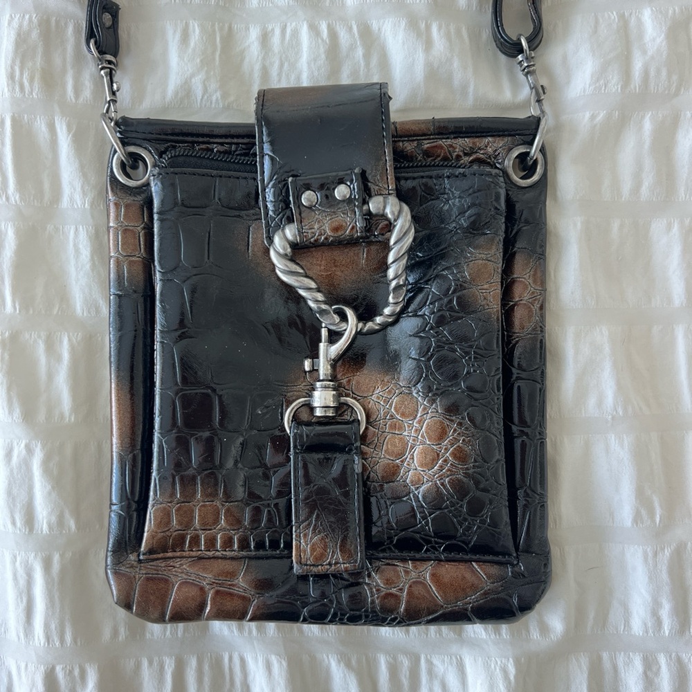 Croc-Embossed Black and Brown Crossbody Bag